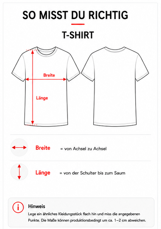 Messanleitung für T-Shirts mit Breite und Länge.